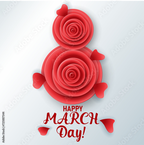 International Women's Day. Banner for March 8 decorating by paper flowers and petals hearts.