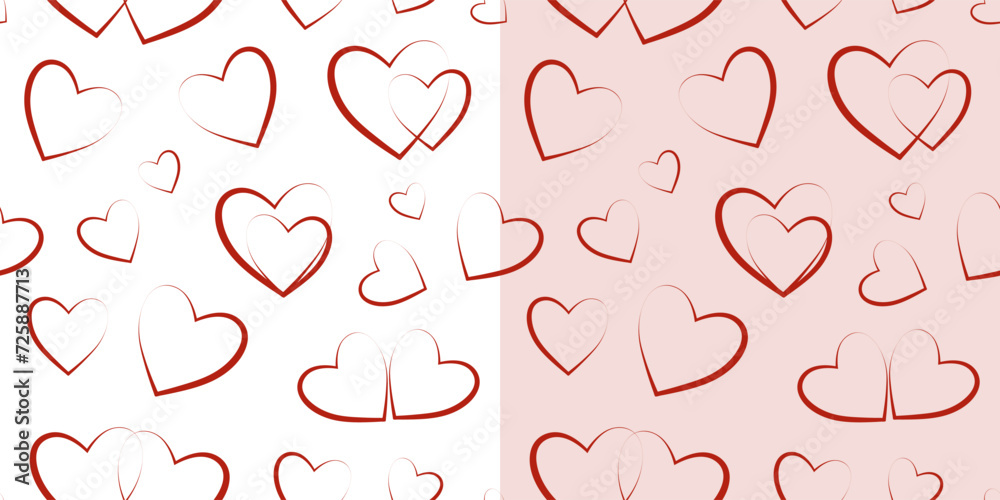 Seamless romantic pattern with handmade red hearts. Colorful doodle heart on a light background.