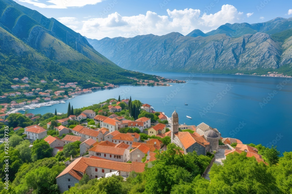 Aerial panoramic view of Perast village and Kotor bay in Montenegro 