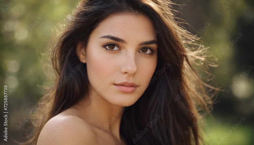 Young Brunette in Forest: Soft-Lit, Professional Portrait with Long Straight Hair and Deep Brown Eyes