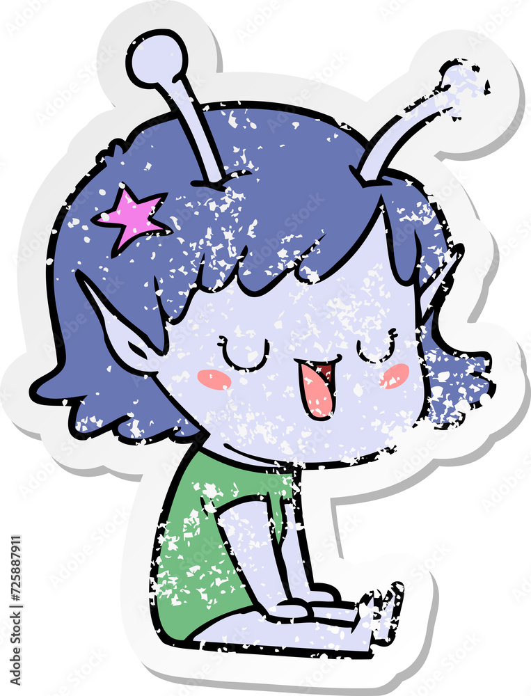 distressed sticker of a happy alien girl cartoon laughing distressed sticker of a happy alien girl cartoon laughing