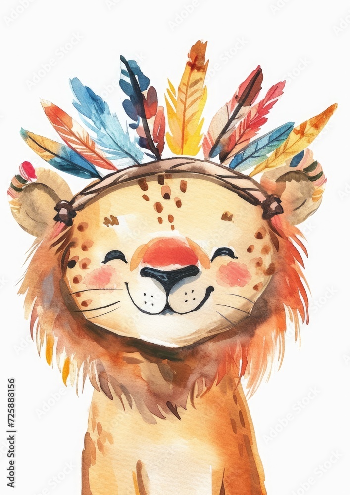 Fototapeta premium lion in Indian feather crown, isolated on white background