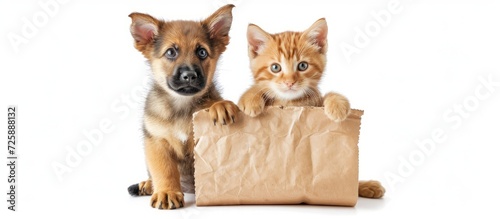 Puppy and kitten holding sign for cleaning dog droppings with plastic bag on white background.