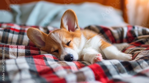 corgi puppy, sleep relaxed on checkered plaid , evening core, minimalistic light-filled room photo