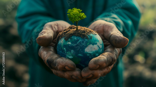 Manos de un anciano sosteniendo un pequeño planeta tierra del que nace un árbol como símbolo de la lucha contra el cambio climático  photo