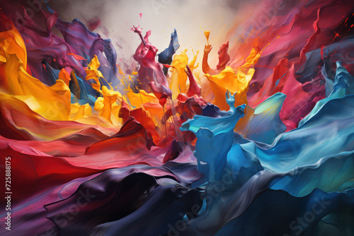 Bold strokes of color blend and clash to shape an abstract crowd, illustrating the complexity and richness of human interactions in a vibrant social tapestry. Generative Ai.