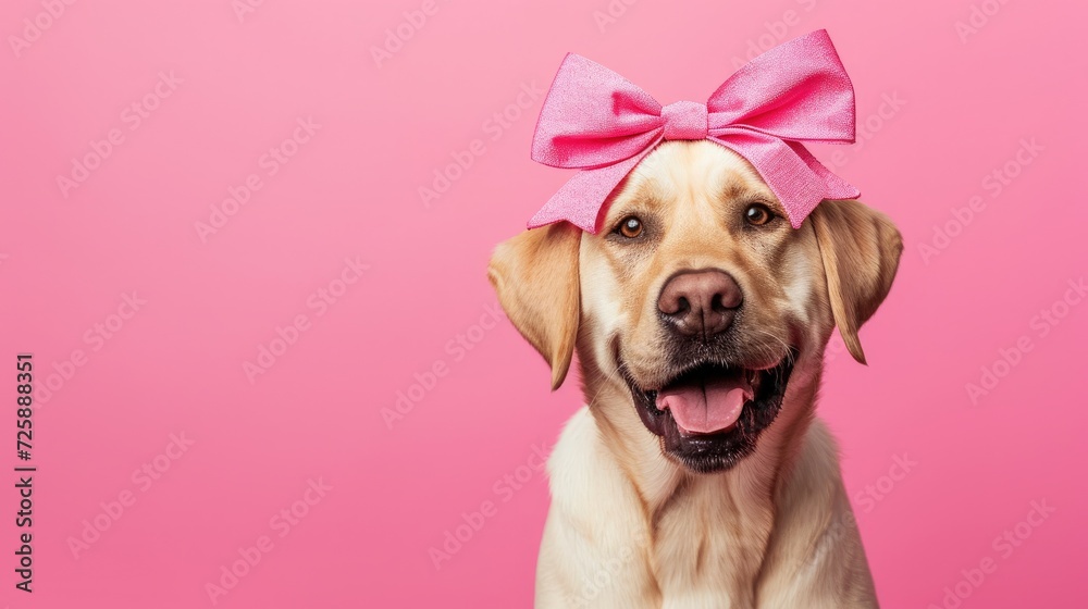 Obraz premium dog with pink bow on head, clean pink background