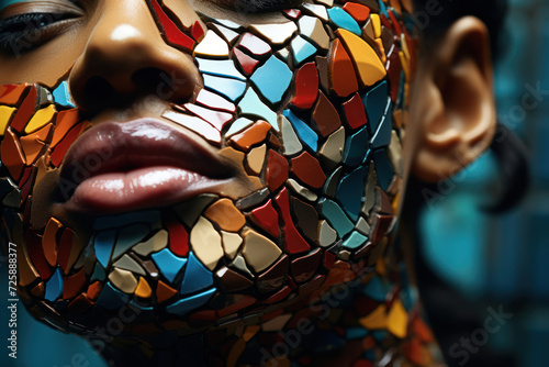 Mosaic fragments of diverse colors assemble into the shape of a person, reflecting the beauty found in the mosaic of cultures and backgrounds. Generative Ai.