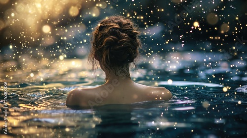 young woman bath in universe with stars  back view