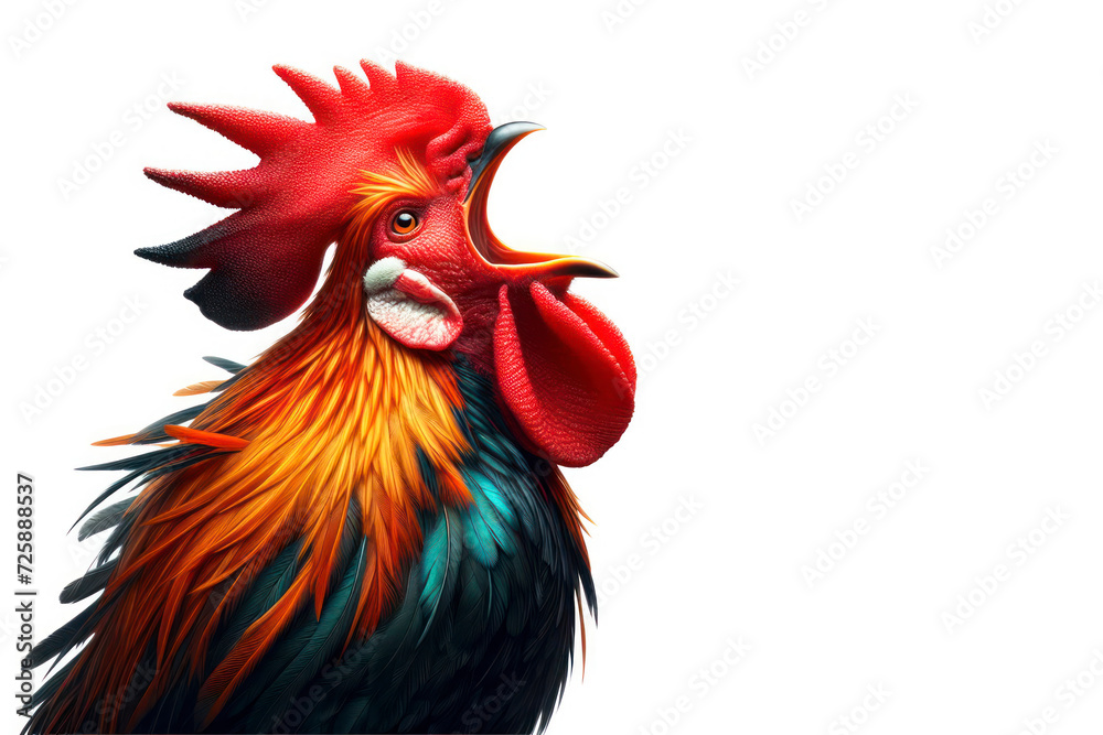 A beautiful rooster crows with his mouth open on farm nature bokeh. ai generative
