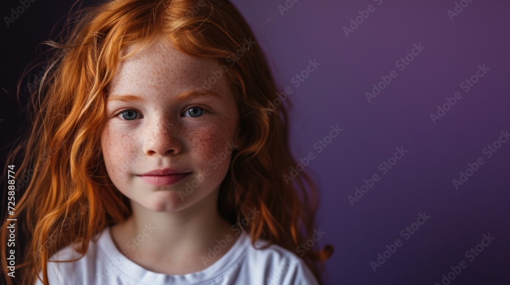 little girl with ginger hair in front of violet background, free copy space on the right little girl with ginger hair in front of violet background, free copy space on the right