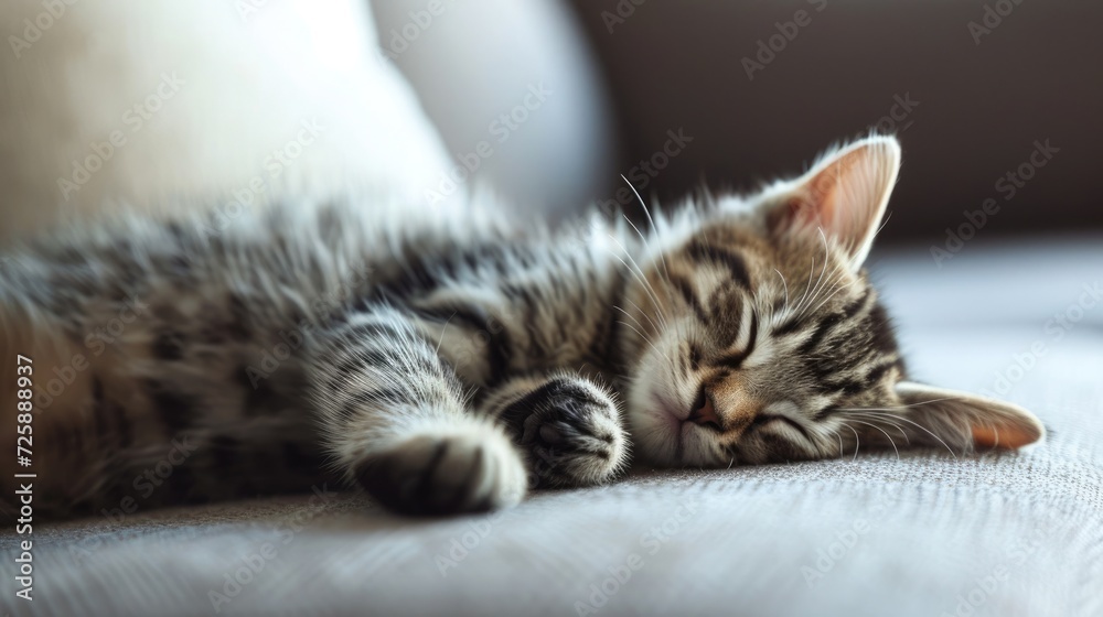 little kitten, sleep relaxed on soft plaid, minimalistic light-filled room