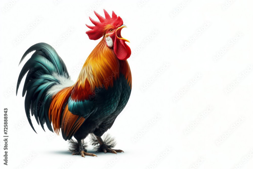 A full body beautiful rooster crows with his mouth open on isolated solid white background. ai generative