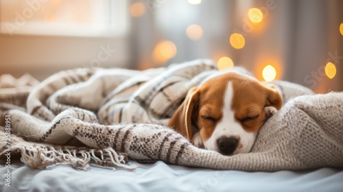 beagle puppy, sleep relaxed on the light soft plaid