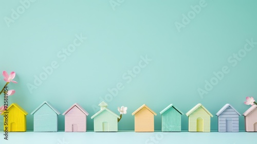 Sales banner with spring little wooden houses, free copy space