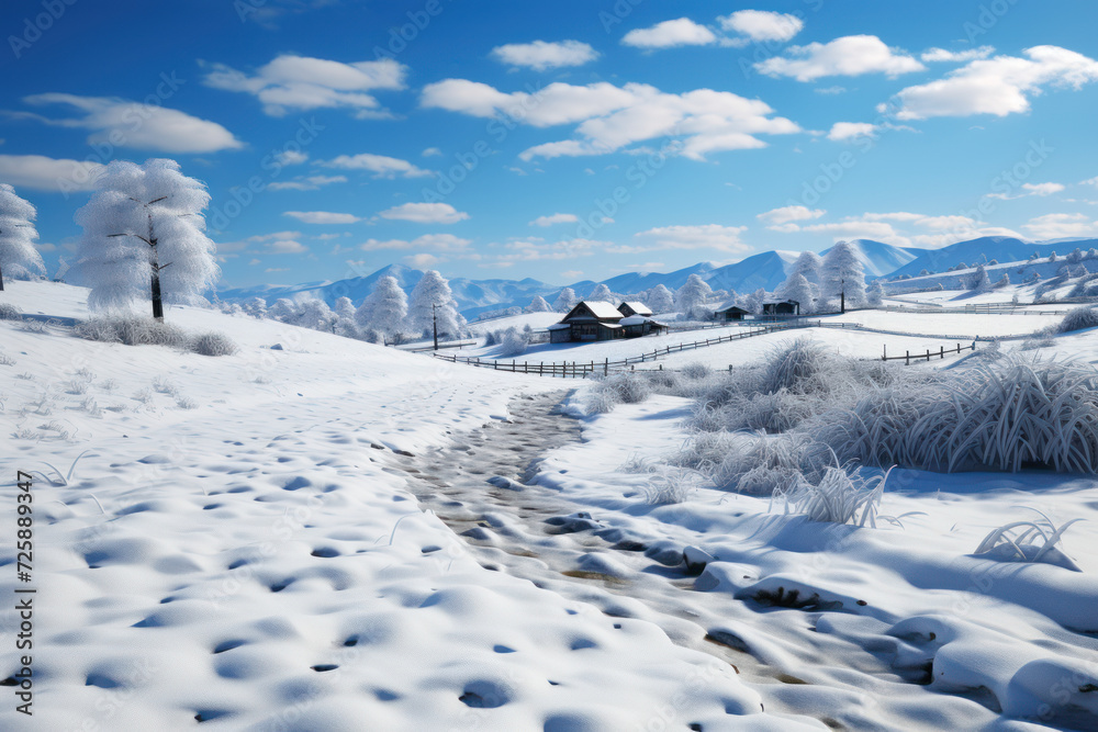 An untouched expanse of freshly fallen snow blankets the landscape, creating a scene of serene cleanliness and tranquility. Generative Ai.