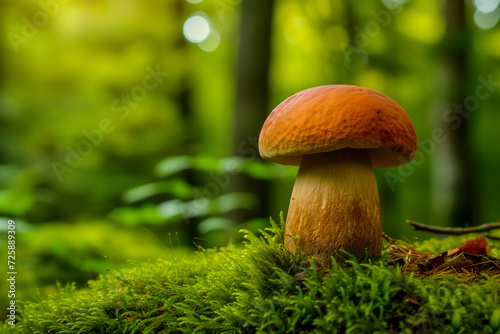 A Boletus edulis mushroom with a large brown cap nestles in vibrant green moss, bathed in soft sunlight