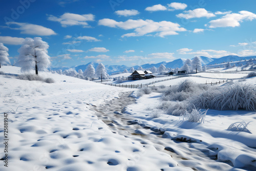 An untouched expanse of freshly fallen snow blankets the landscape, creating a scene of serene cleanliness and tranquility. Generative Ai.