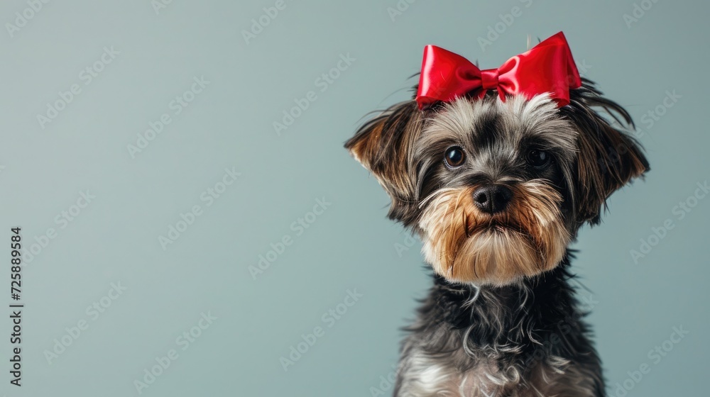 dog with red bow on head, free copy space on the right