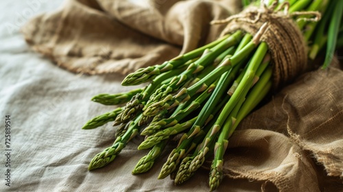 bunch of green asparagus, lay in the right corner, isolated on light tablecloth