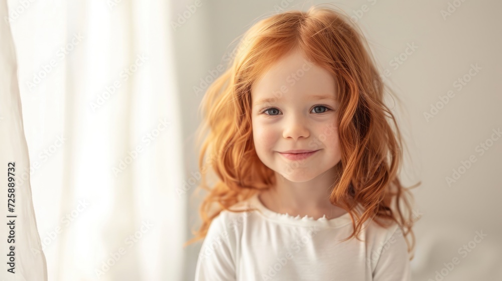 little happy girl with ginger hair weared in white longsleeve little happy girl with ginger hair weared in white longsleeve