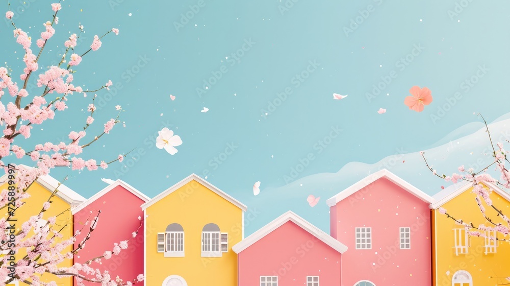 Sales banner with tender scandinavian houses, spring decor, free copy space