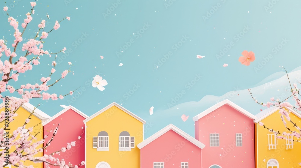 Sales banner with tender scandinavian houses, spring decor, free copy space Sales banner with tender scandinavian houses, spring decor, free copy space