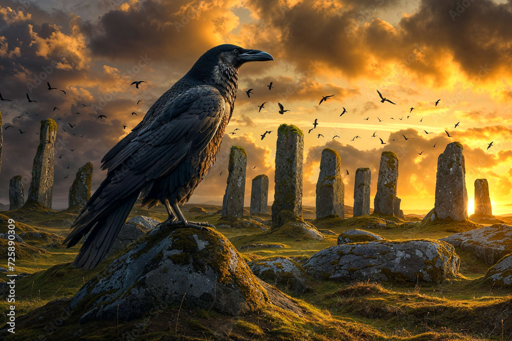 Crow perched at sunset near circle of ancient menhir standing stones, Ireland, Celtic, the Morrigan myth legend - obrazy, fototapety, plakaty 