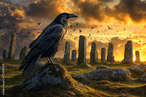 Crow perched at sunset near circle of ancient menhir standing stones, Ireland, Celtic, the Morrigan myth legend