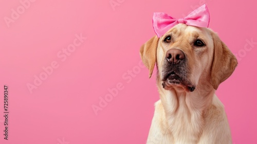 Labrador dog with pink bow on head, clean bright background , free copy space on the right
