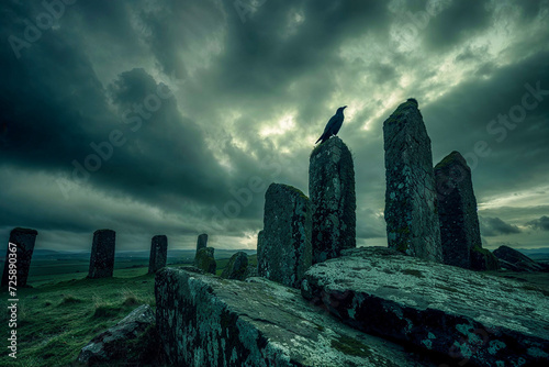Crow perched atop ancient menhir standing stone, Ireland, dark overcast spooky sky, Celtic, the Morrigan myth legend photo