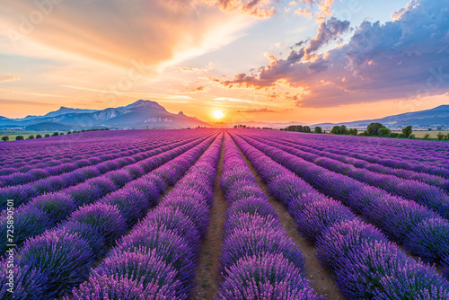 Field with rows of purple lavender flowers at sunset, landscape