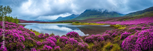 Pristine lake with mountains and purple Scottish heather flowers, Scotland landscape photo