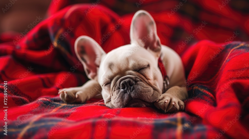 cute cheerful french bulldog puppy, sleep relaxed on checkered plaid