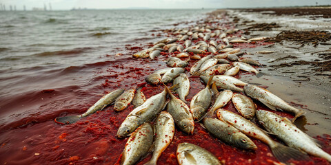 Dead fish in red tide algal bloom on the beach, artist's impression, wide banner
