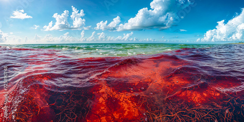 Red tide algal bloom in the ocean, artist's impression, wide banner background