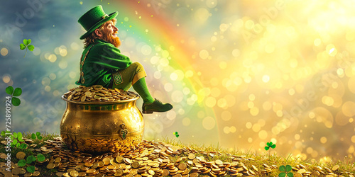 Leprechaun sitting on a pot of gold, Ireland, St. Patrick's Day, lucky, green and gold, wide banner, copyspace