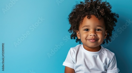 afro american smiling boy with curly hair stay in white t shirt