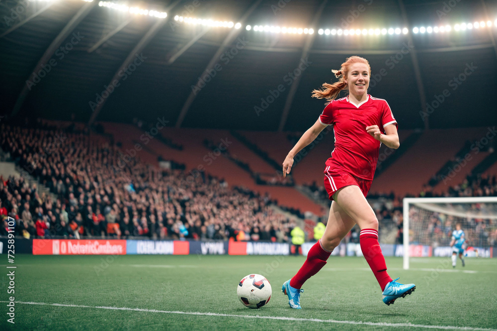 female soccer player exudes joy, smiling confidently in an indoor soccer stadium, showcasing her professionalism and athletic prowess in vibrant red attire