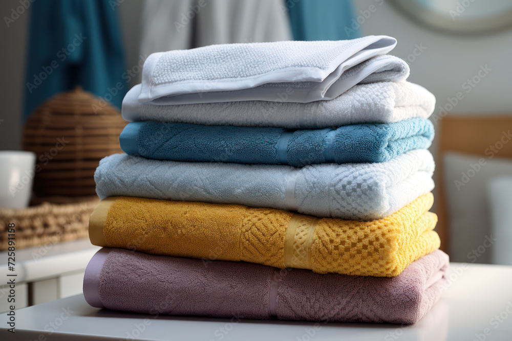 A perfectly folded stack of crisp, clean towels, symbolizing the comfort and luxury associated with fresh linens. Generative Ai. A perfectly folded stack of crisp, clean towels, symbolizing the comfort and luxury associated with fresh linens. Generative Ai.