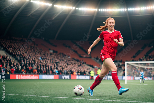female soccer player exudes joy, smiling confidently in an indoor soccer stadium, showcasing her professionalism and athletic prowess in vibrant red attire