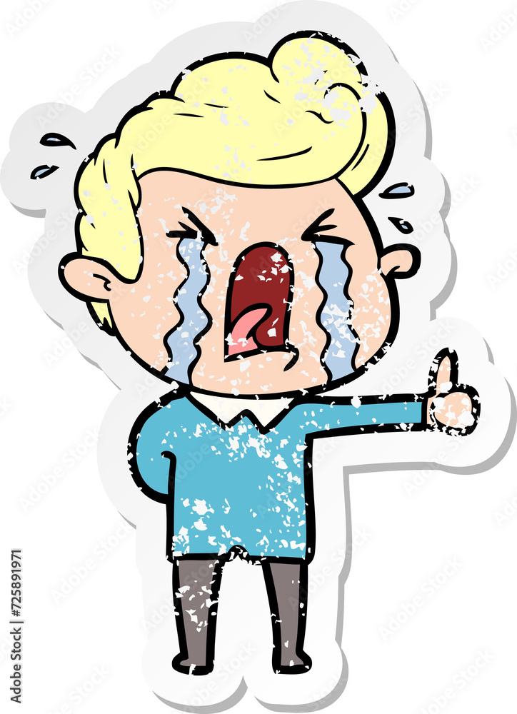 distressed sticker of a cartoon crying man distressed sticker of a cartoon crying man