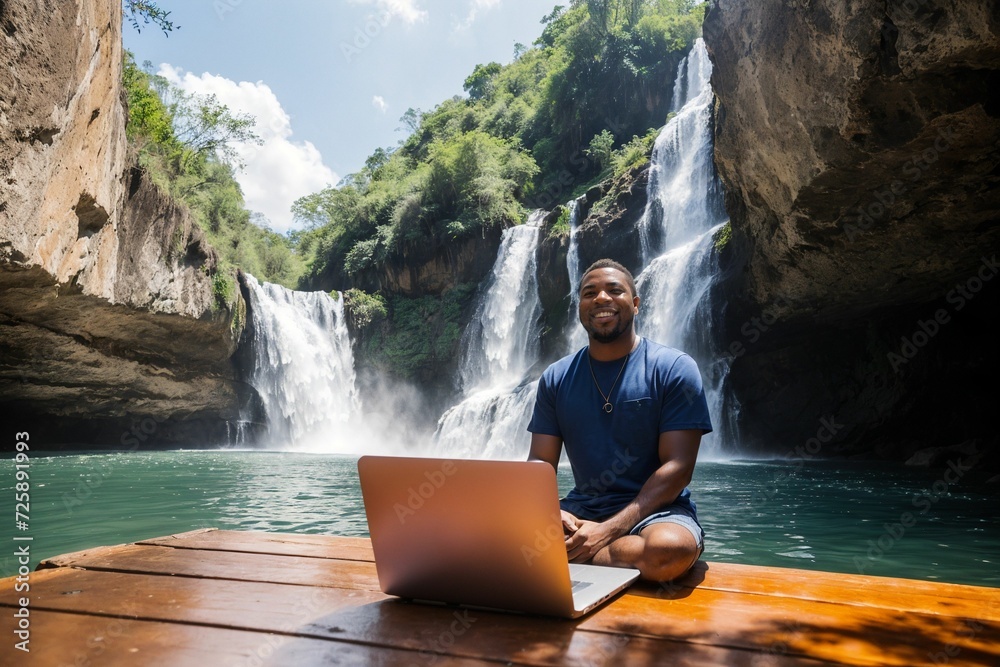 Fototapeta premium A remote employee works on a laptop surrounded by the vast beauty of nature