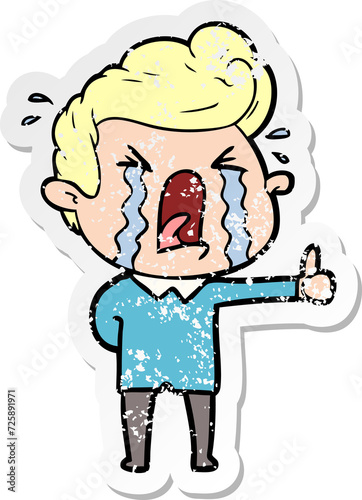 distressed sticker of a cartoon crying man