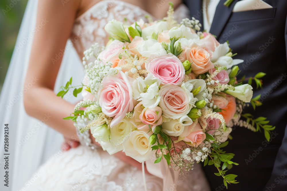 Bride and groom wedding couple with a bouquet of light rose and white color flowers