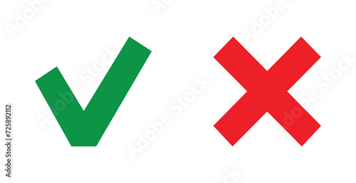 Green check mark and red cross icon. Set of simple icons in flat style: Yes-No, Approved-Disapproved, Accepted-Rejected, Right-Wrong, Ok-Not Ok. Vector illustration . Eps File 30. photo