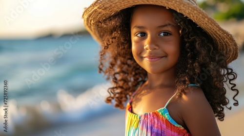 little afro american girl, stay in straw hat with large brim and rainbow colored summer dress