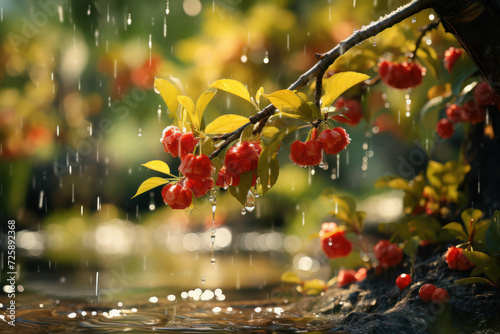 A sudden downpour of rain on a sunny day, surprising all with the whimsical unpredictability of nature. Generative Ai.