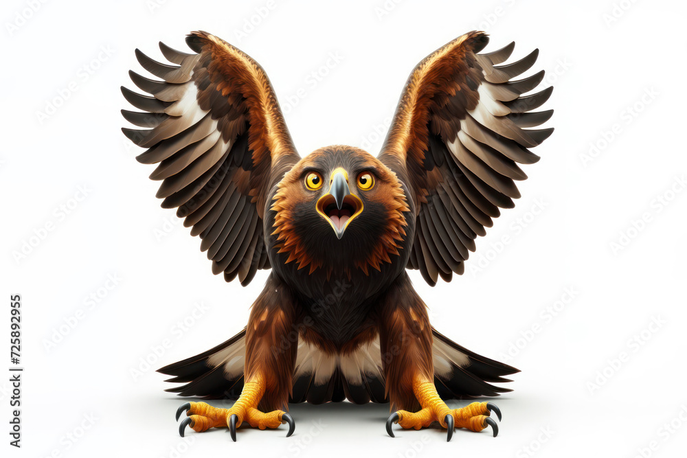 Obraz premium full body Majestic golden eagle fly with surprised large bulging eyes on white background. ai generative