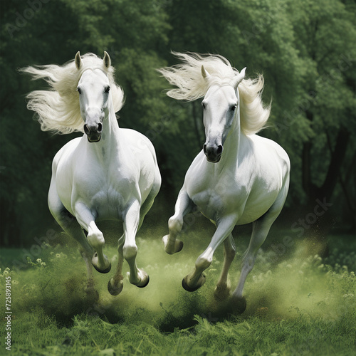 Two white horses are running on the grass